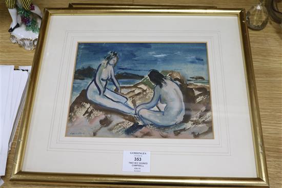 Two watercolours; Beach scene and ballerina, signed G.Campbell 17 x 22cm & 18 x 14cm.
